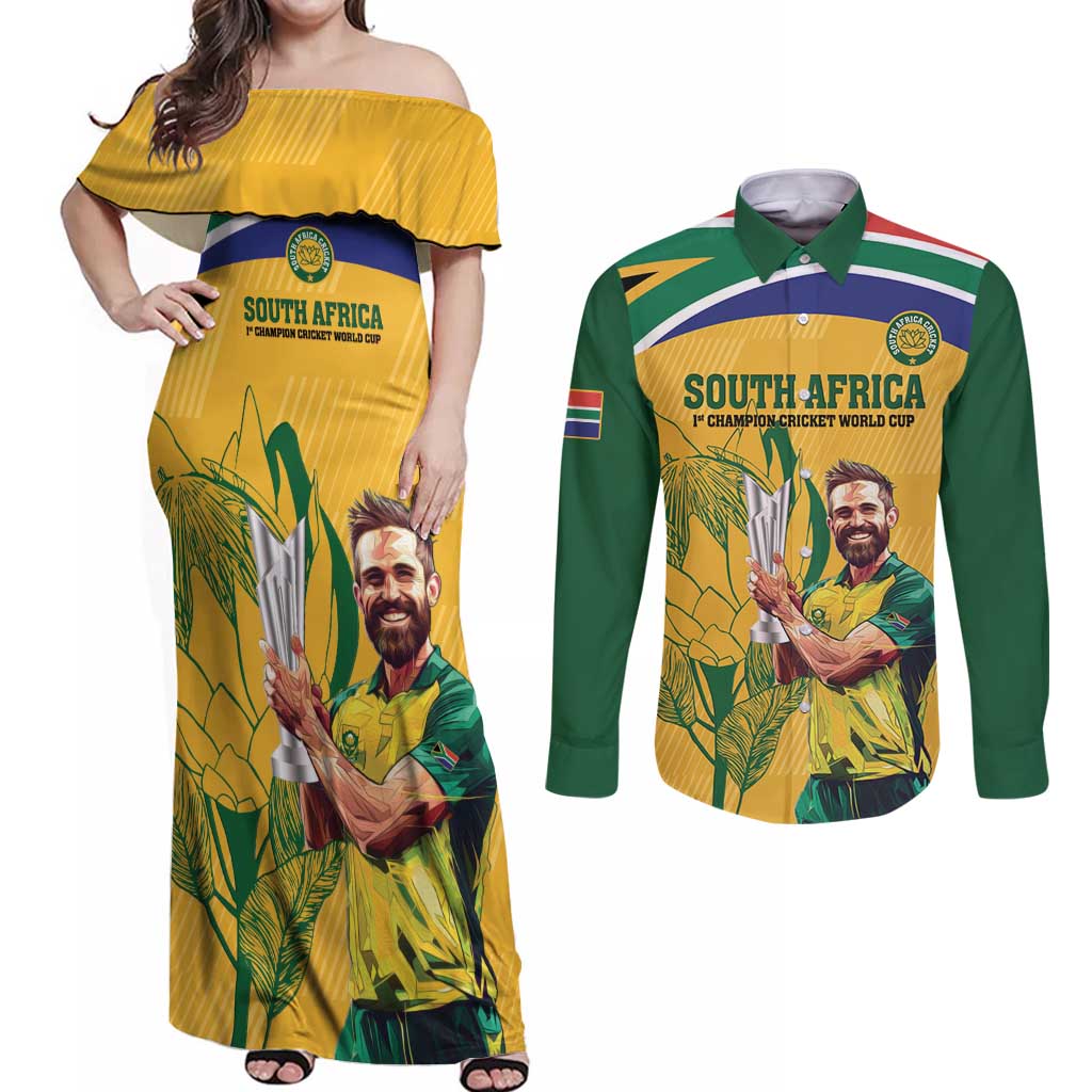 South Africa Cricket Couples Matching Off Shoulder Maxi Dress and Long Sleeve Button Shirt 1st Champions World Cup Proud Of Our Boys - Wonder Print Shop