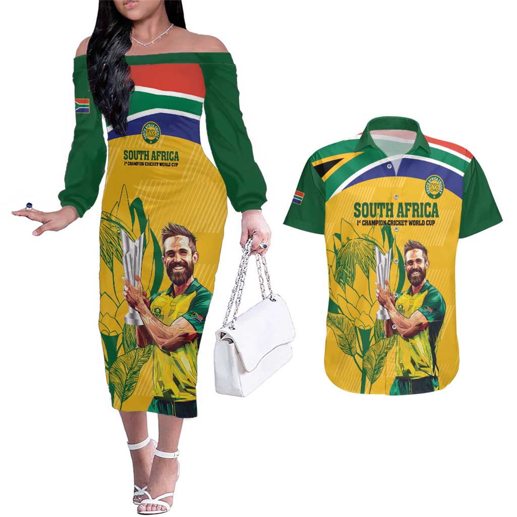 South Africa Cricket Couples Matching Off The Shoulder Long Sleeve Dress and Hawaiian Shirt 1st Champions World Cup Proud Of Our Boys - Wonder Print Shop