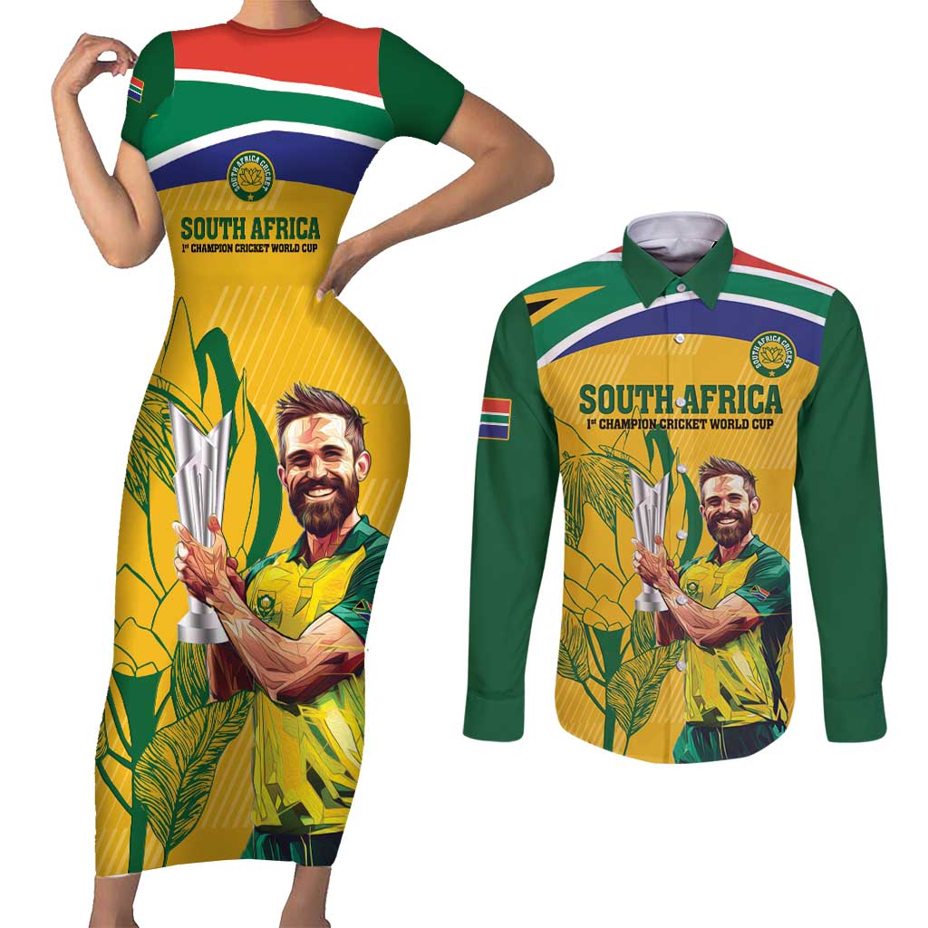 South Africa Cricket Couples Matching Short Sleeve Bodycon Dress and Long Sleeve Button Shirt 1st Champions World Cup Proud Of Our Boys - Wonder Print Shop