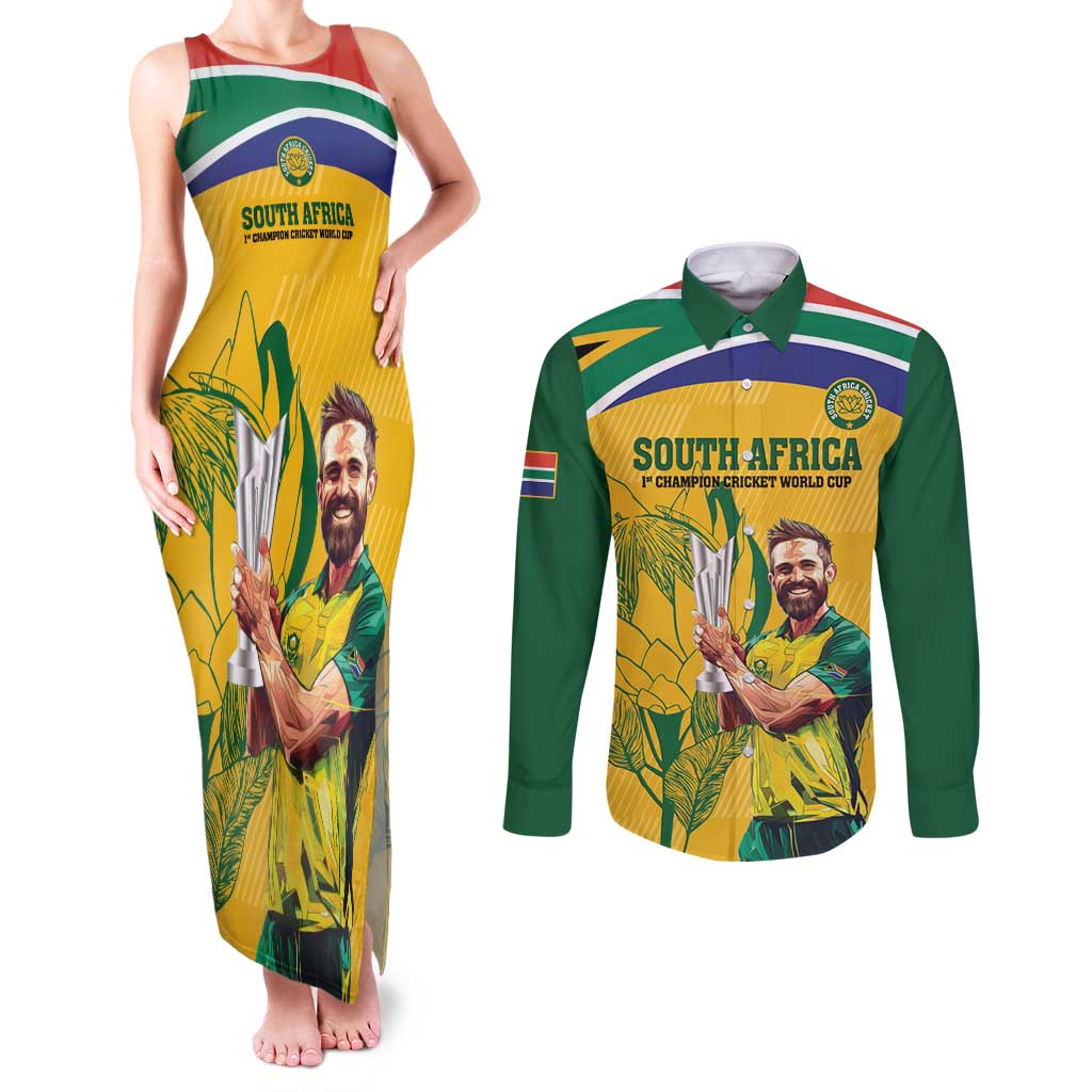 South Africa Cricket Couples Matching Tank Maxi Dress and Long Sleeve Button Shirt 1st Champions World Cup Proud Of Our Boys - Wonder Print Shop