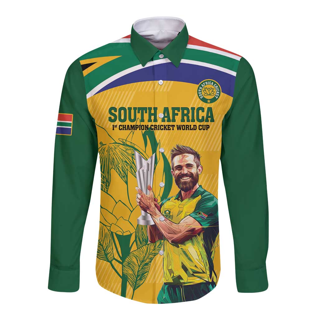 South Africa Cricket Long Sleeve Button Shirt 1st Champions World Cup Proud Of Our Boys - Wonder Print Shop