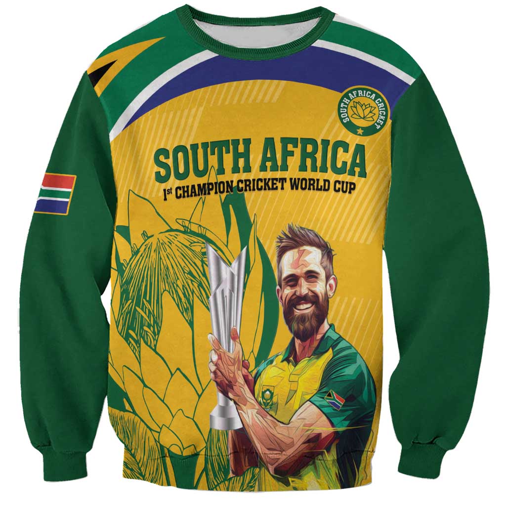 Green cricket sweatshirt with South Africa graphic, yellow front panel and illustrated player