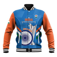 Men's blue varsity baseball jacket with orange sleeves, button front, front India cricket graphic