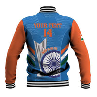Men's blue baseball jacket with orange sleeves, striped ribbed collar, back cricket graphic
