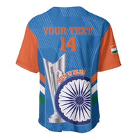 Back view men's blue cricket jersey with orange sleeves, V-neck, number 14 and India flag