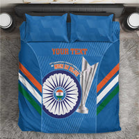 Blue cricket-themed bedding set with two pillows, striped accents, and emblem trophy graphic