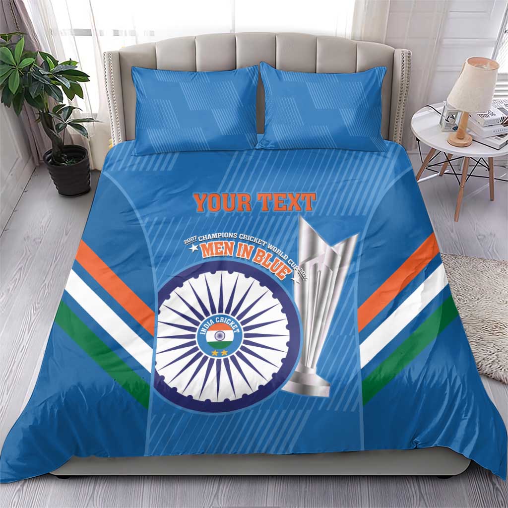 Blue duvet and pillow set with cricket emblem, trophy image, and orange, green, white stripes