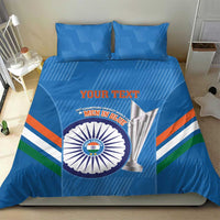 Blue duvet with two pillows featuring cricket emblem, trophy art, and bold orange-green stripe bands