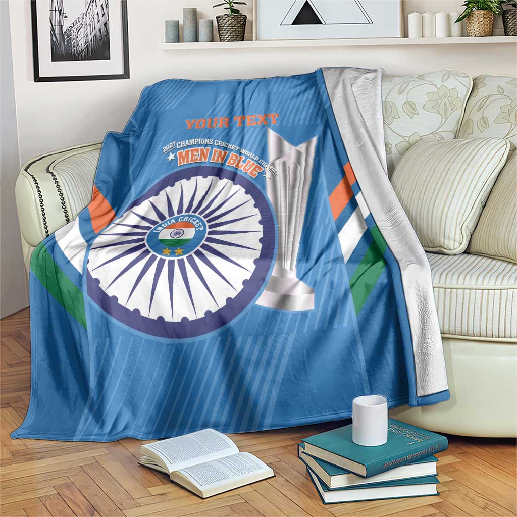 Custom India cricket blanket in blue with Men in Blue emblem and YOUR TEXT