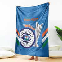 Blue cricket blanket draped backdrop with Men in Blue emblem and YOUR TEXT
