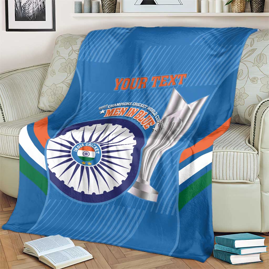 Blue cricket blanket with Men in Blue emblem, trophy graphic, and YOUR TEXT