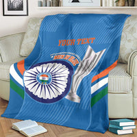 Blue cricket blanket with Men in Blue emblem, trophy graphic, and YOUR TEXT