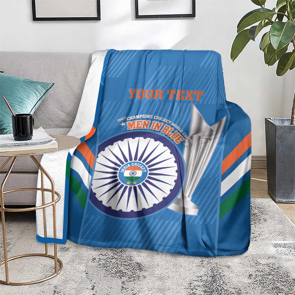 Blue cricket blanket on rug with Men in Blue emblem and trophy, YOUR TEXT