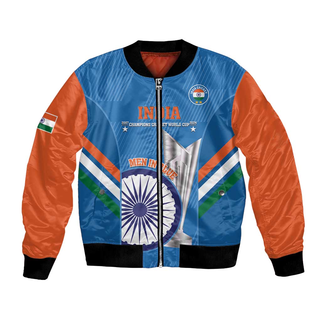 Blue bomber jacket with orange sleeves, ribbed collar, full front zipper, India cricket emblem
