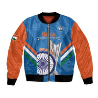 Blue bomber jacket with orange sleeves, ribbed collar, full front zipper, India cricket emblem