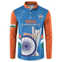 Blue cricket sweatshirt with orange sleeves, India crest and stumps ball graphic, front