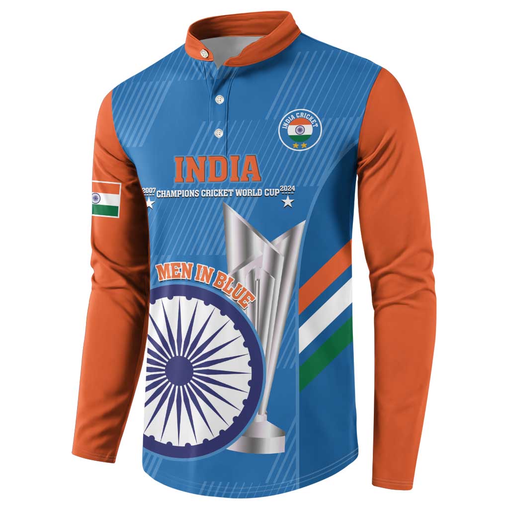 Blue cricket sweatshirt with orange sleeves, buttoned henley neck, India graphic front