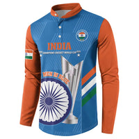 Blue cricket sweatshirt with orange sleeves, buttoned henley neck, India graphic front