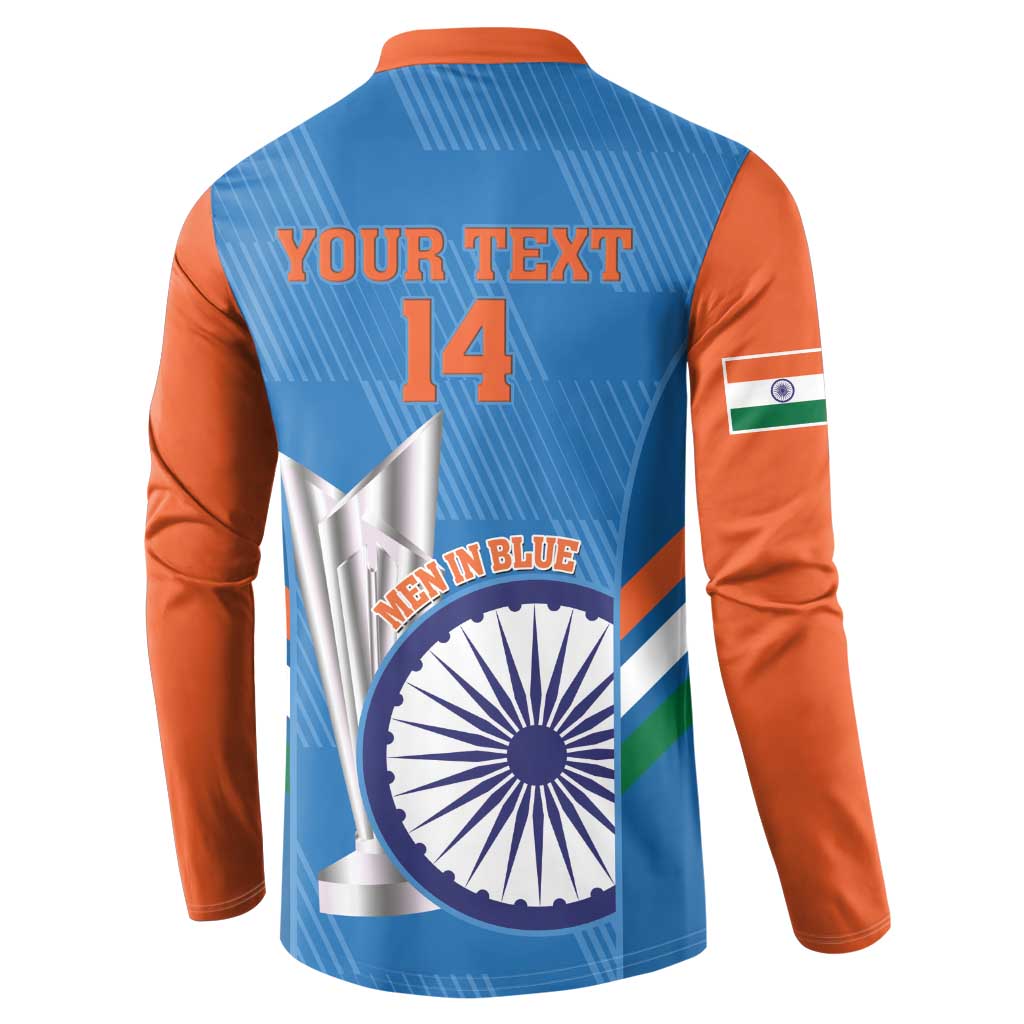Back view: blue cricket sweatshirt with orange sleeves, 'YOUR TEXT' and number 14