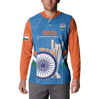 Blue cricket sweatshirt with orange sleeves, India front emblem, buttoned collar