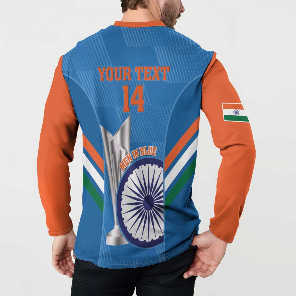 Back view: blue cricket sweatshirt with orange sleeves, 'YOUR TEXT' 14 and India theme