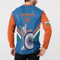 Back view: blue cricket sweatshirt with orange sleeves, 'YOUR TEXT' 14 and India theme