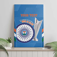 Blue canvas wall art standing display with India cricket emblem, trophy, and 'YOUR TEXT'