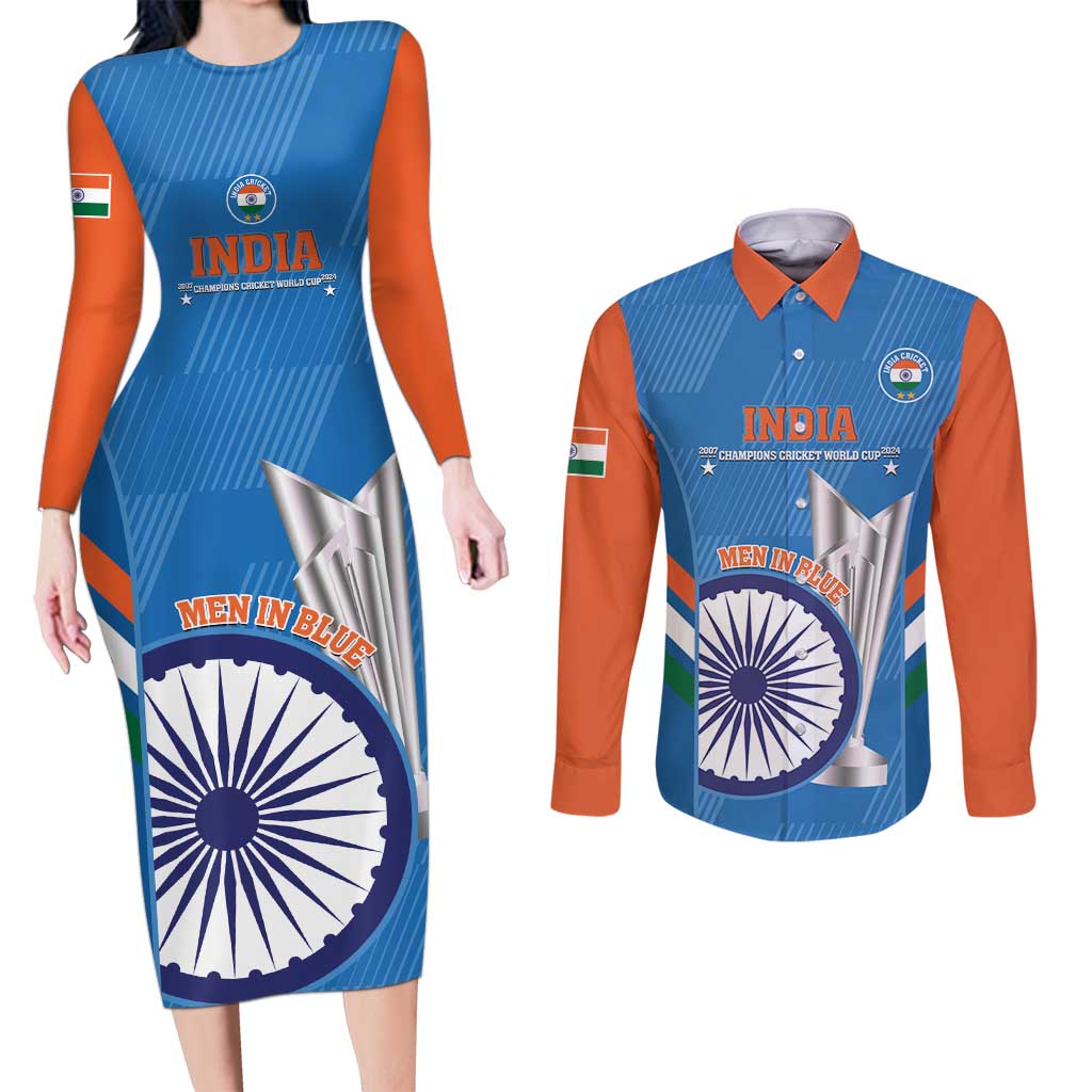 Custom India Cricket Couples Matching Long Sleeve Bodycon Dress and Long Sleeve Button Shirt 2nd Champions World Cup Men In Blue - Wonder Print Shop