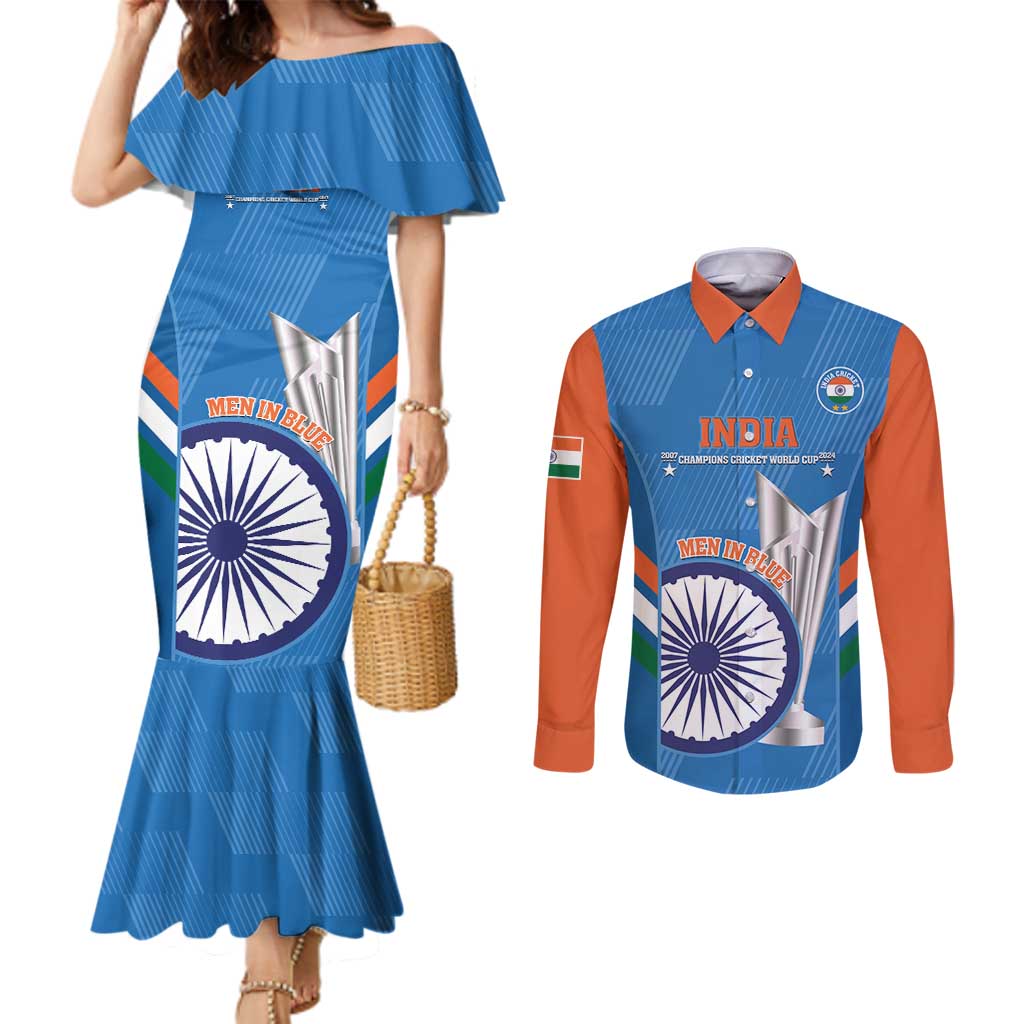 Custom India Cricket Couples Matching Mermaid Dress and Long Sleeve Button Shirt 2nd Champions World Cup Men In Blue