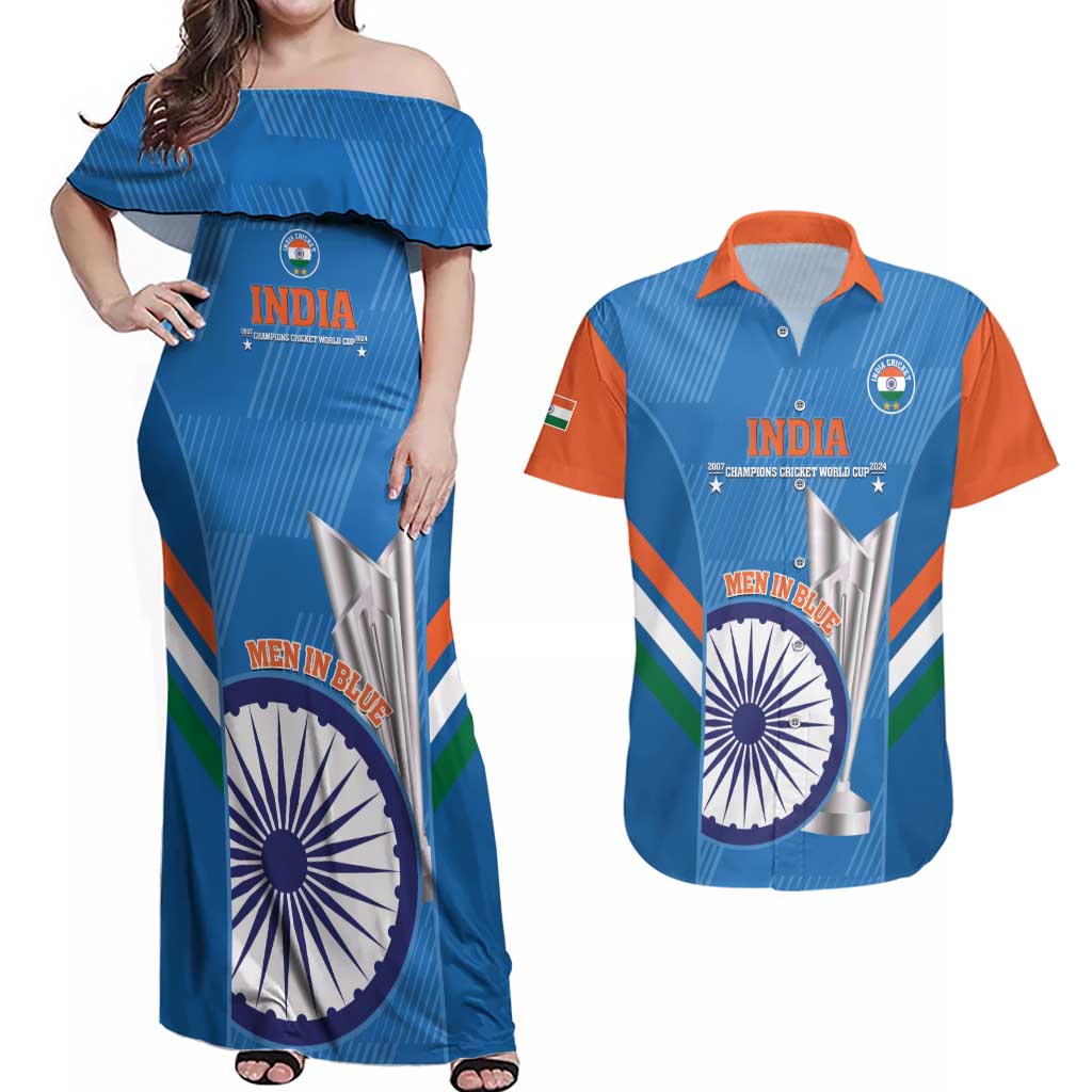 Custom India Cricket Couples Matching Off Shoulder Maxi Dress and Hawaiian Shirt 2nd Champions World Cup Men In Blue - Wonder Print Shop