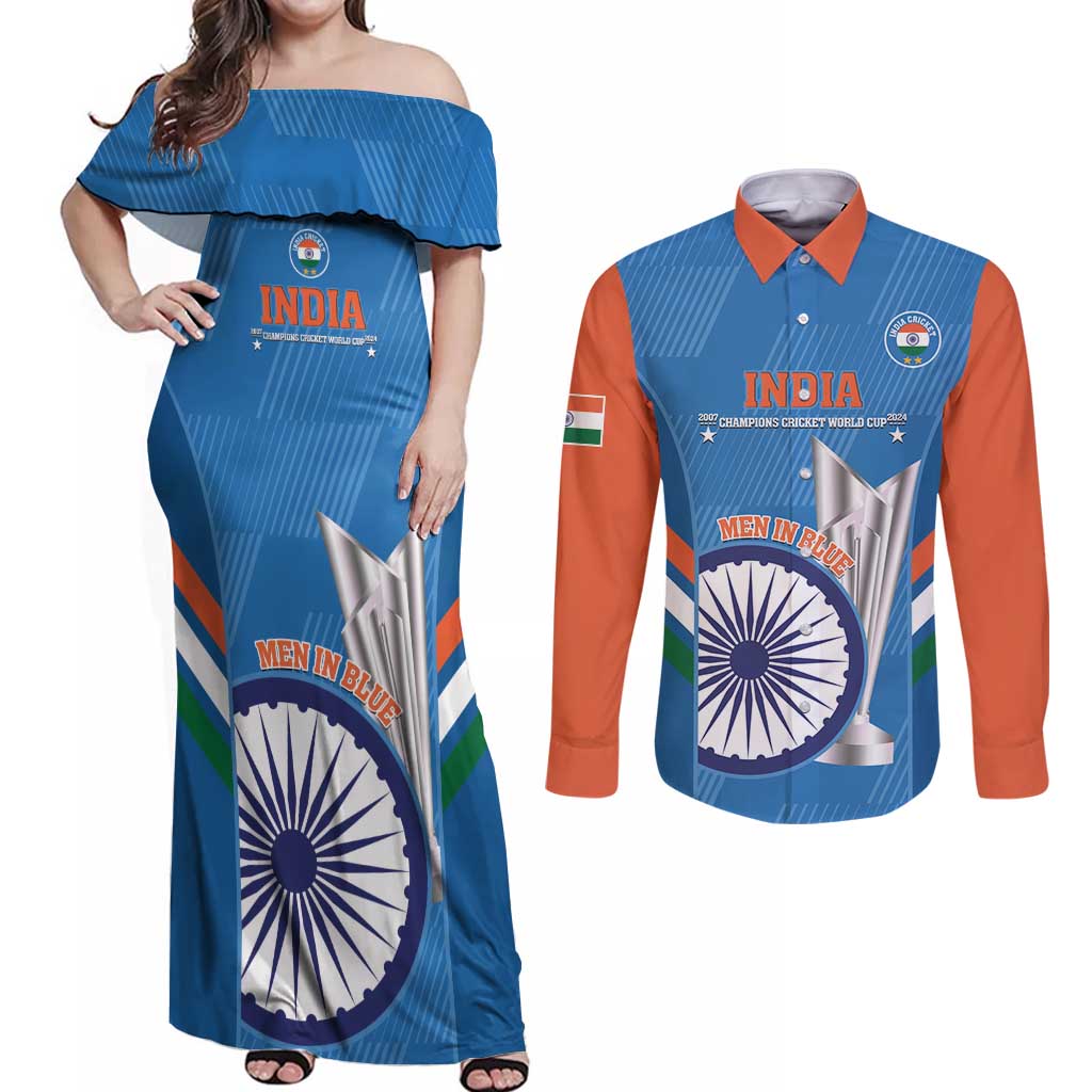 Custom India Cricket Couples Matching Off Shoulder Maxi Dress and Long Sleeve Button Shirt 2nd Champions World Cup Men In Blue - Wonder Print Shop