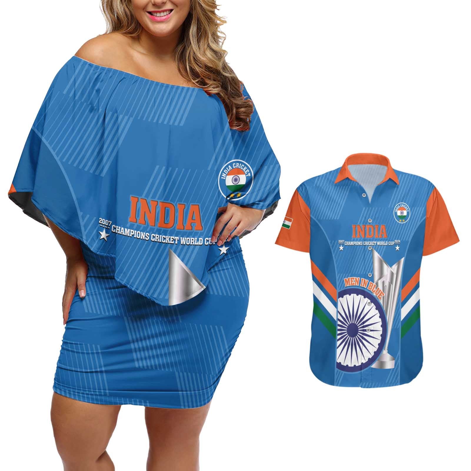 Custom India Cricket Couples Matching Off Shoulder Short Dress and Hawaiian Shirt 2nd Champions World Cup Men In Blue - Wonder Print Shop