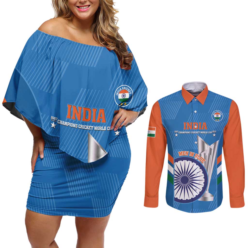 Custom India Cricket Couples Matching Off Shoulder Short Dress and Long Sleeve Button Shirt 2nd Champions World Cup Men In Blue - Wonder Print Shop