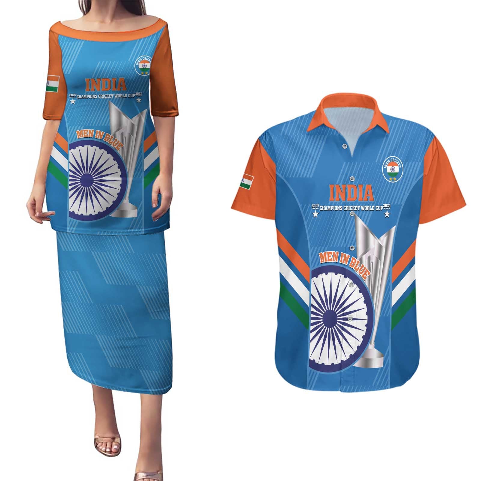 Custom India Cricket Couples Matching Puletasi and Hawaiian Shirt 2nd Champions World Cup Men In Blue - Wonder Print Shop