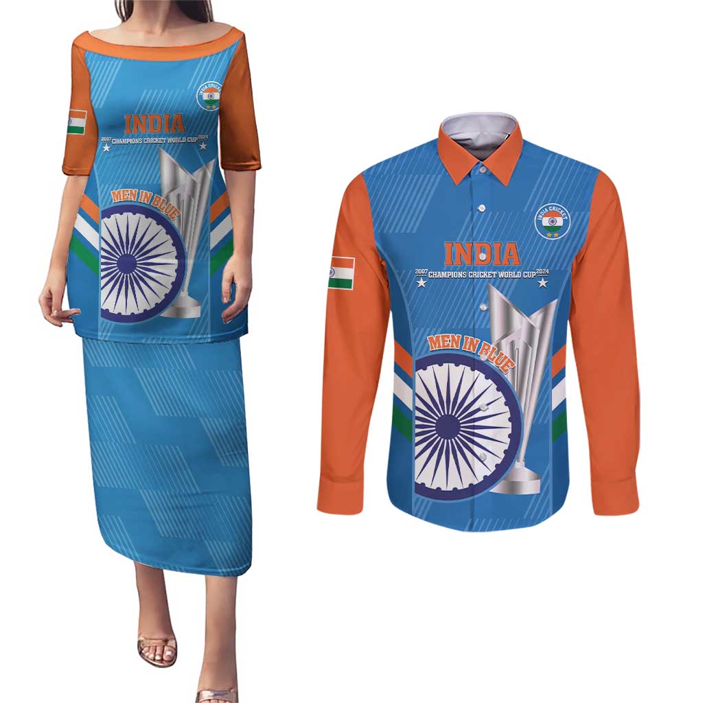 Custom India Cricket Couples Matching Puletasi and Long Sleeve Button Shirt 2nd Champions World Cup Men In Blue - Wonder Print Shop