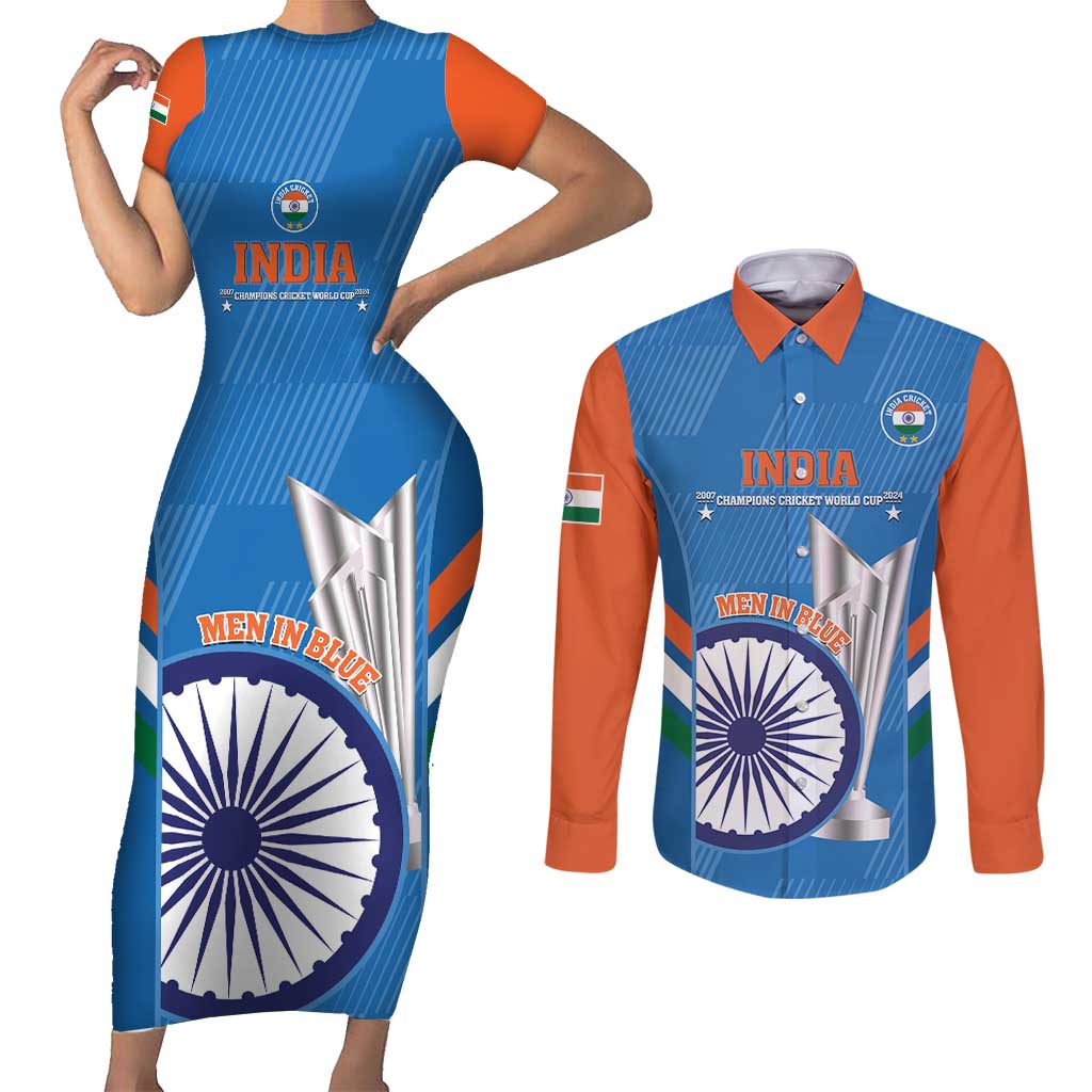 Custom India Cricket Couples Matching Short Sleeve Bodycon Dress and Long Sleeve Button Shirt 2nd Champions World Cup Men In Blue - Wonder Print Shop