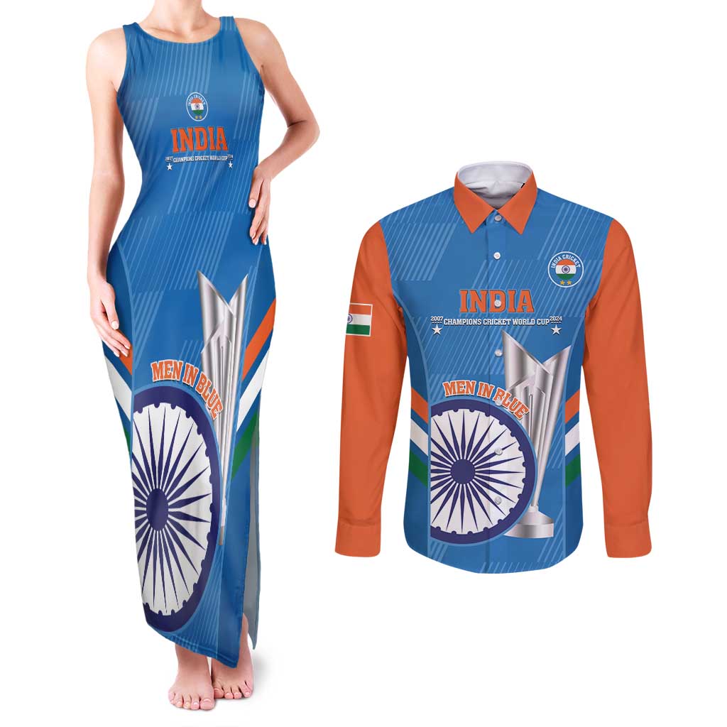 Custom India Cricket Couples Matching Tank Maxi Dress and Long Sleeve Button Shirt 2nd Champions World Cup Men In Blue - Wonder Print Shop