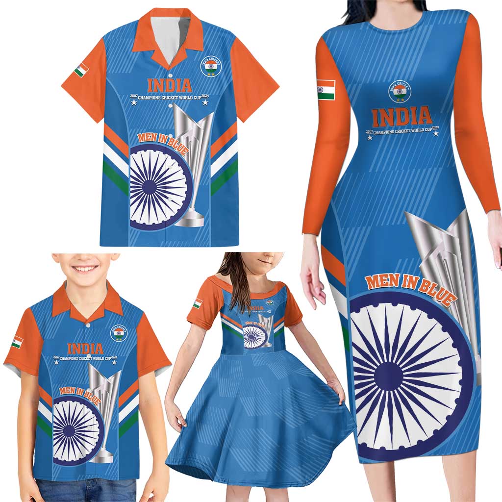 Custom India Cricket Family Matching Long Sleeve Bodycon Dress and Hawaiian Shirt 2nd Champions World Cup Men In Blue - Wonder Print Shop