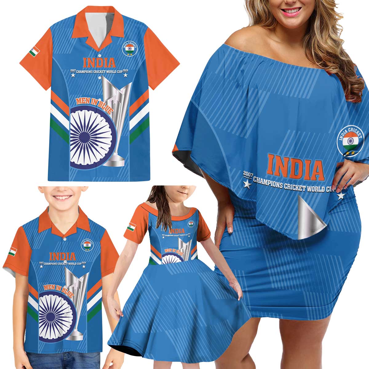 Custom India Cricket Family Matching Off Shoulder Short Dress and Hawaiian Shirt 2nd Champions World Cup Men In Blue - Wonder Print Shop