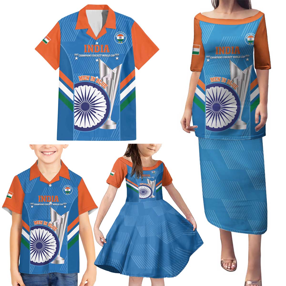 Custom India Cricket Family Matching Puletasi and Hawaiian Shirt 2nd Champions World Cup Men In Blue - Wonder Print Shop