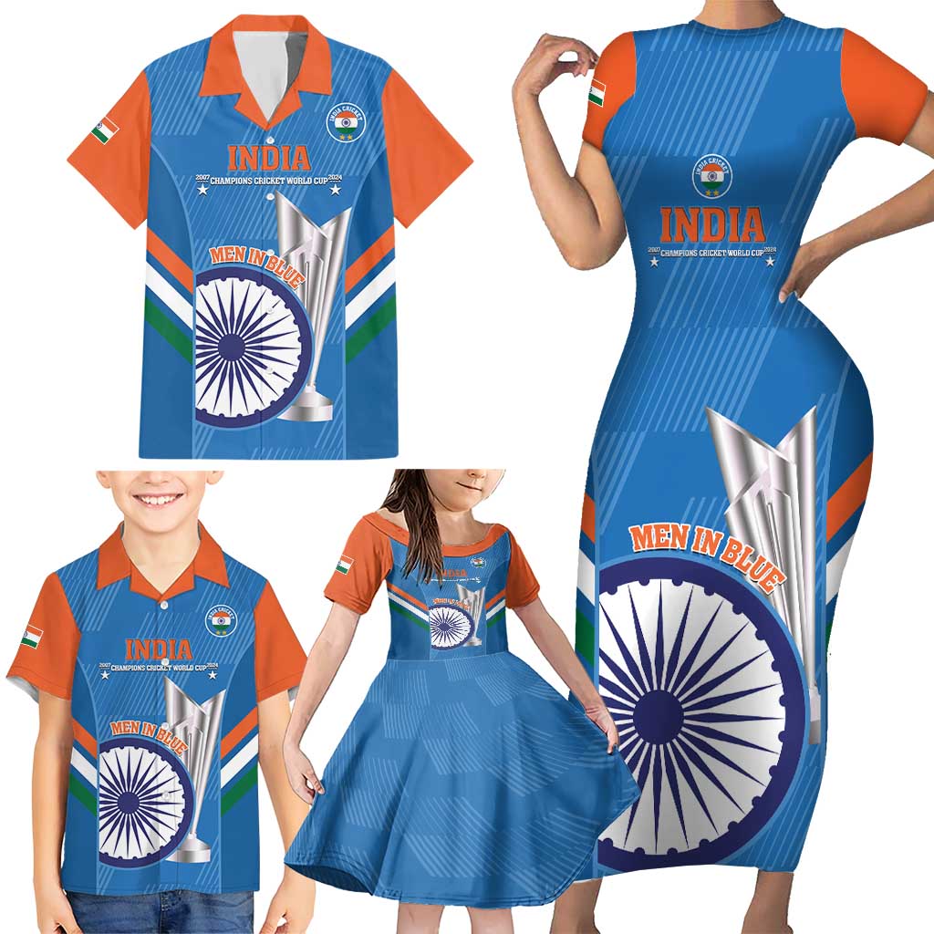 Custom India Cricket Family Matching Short Sleeve Bodycon Dress and Hawaiian Shirt 2nd Champions World Cup Men In Blue - Wonder Print Shop