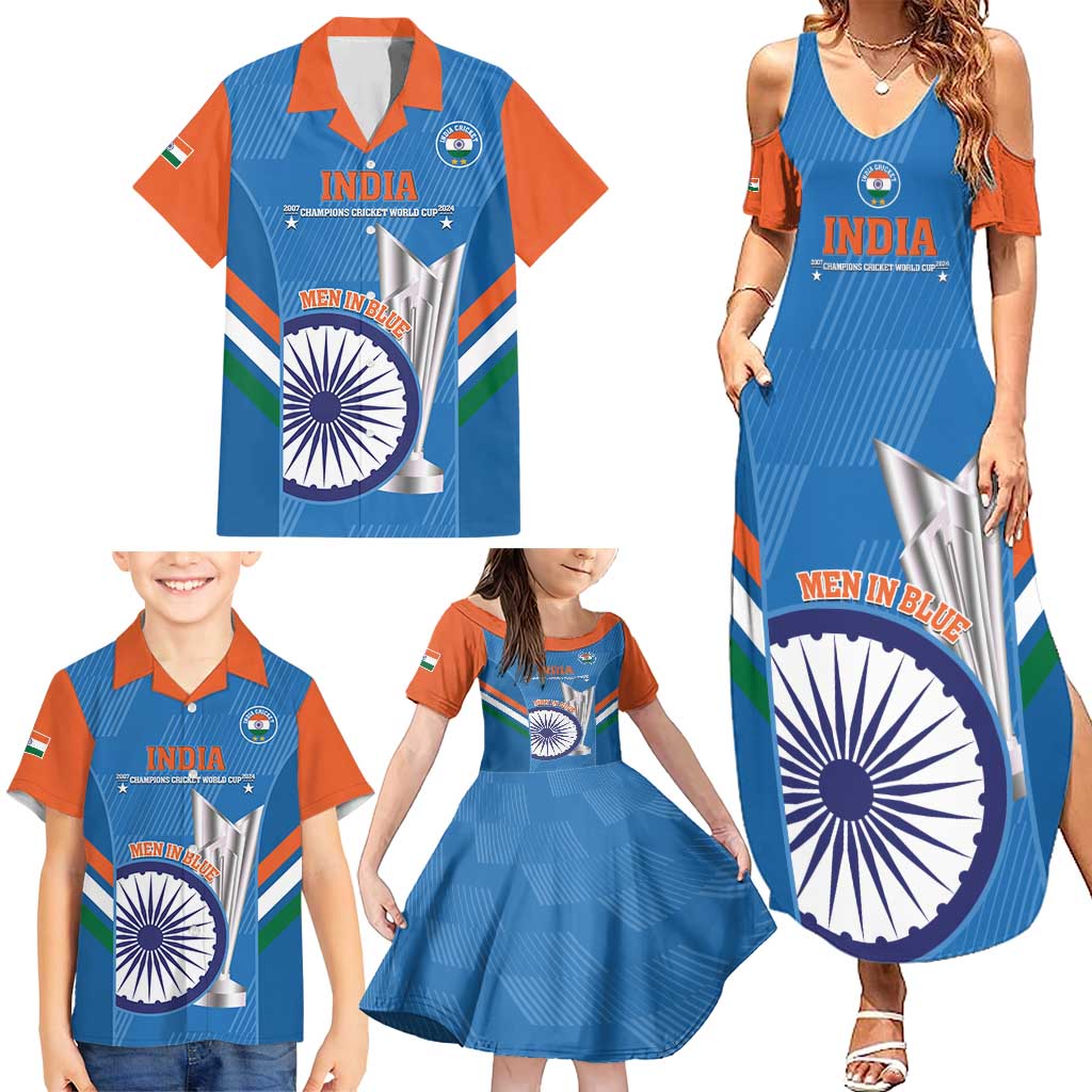 Custom India Cricket Family Matching Summer Maxi Dress and Hawaiian Shirt 2nd Champions World Cup Men In Blue - Wonder Print Shop