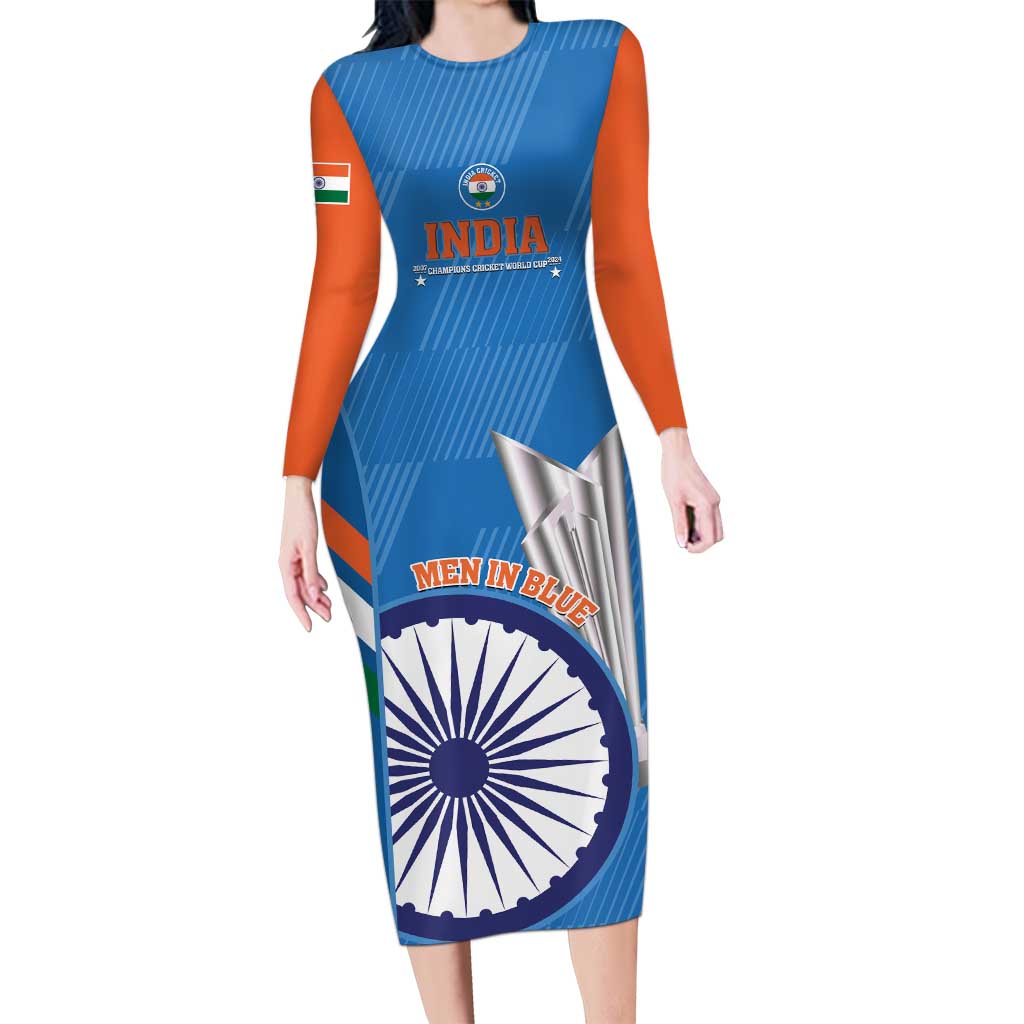 Custom India Cricket Long Sleeve Bodycon Dress 2nd Champions World Cup Men In Blue - Wonder Print Shop