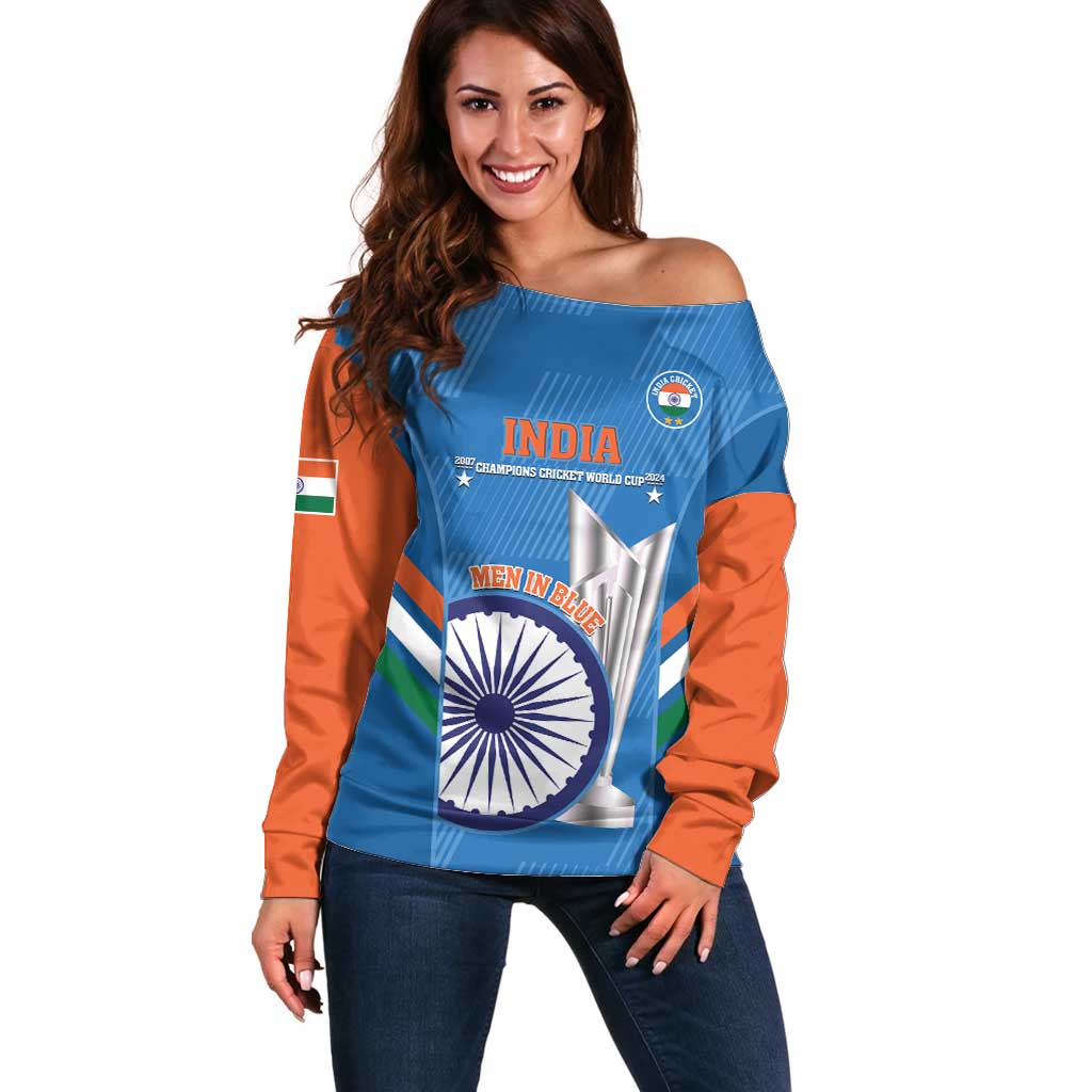 Custom India Cricket Off Shoulder Sweater 2nd Champions World Cup Men In Blue - Wonder Print Shop