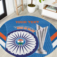 Blue round cricket carpet rug close-up with India emblem, “MEN IN BLUE”, and stripes
