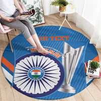 Blue round cricket carpet rug with India emblem, “MEN IN BLUE”, and side stripe pattern
