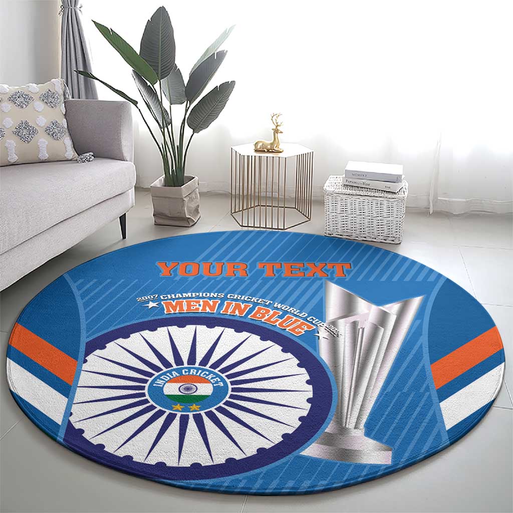 Blue circular cricket carpet rug with India emblem and silver fan rays across center