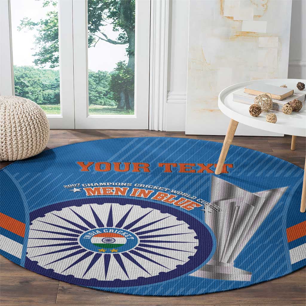 Blue round cricket carpet rug with India emblem and blue/orange side stripes
