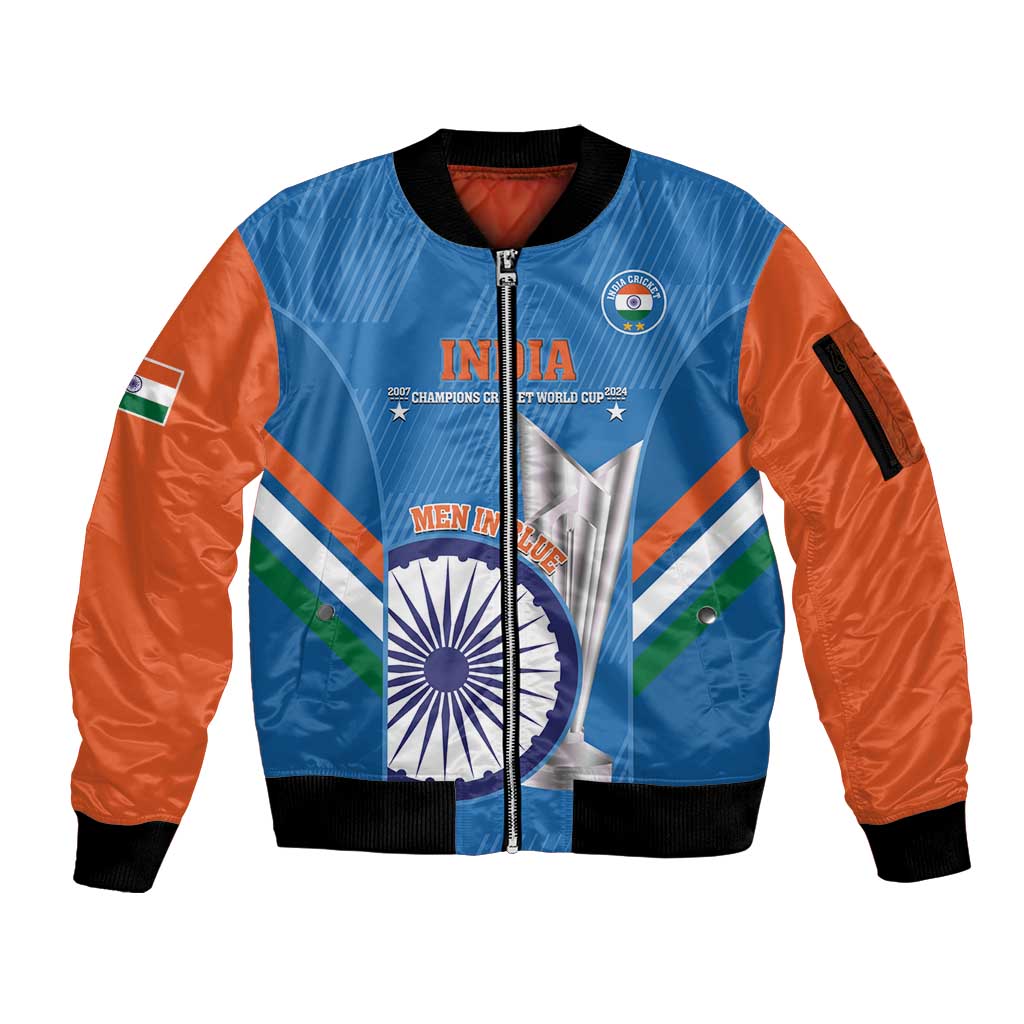 Custom India Cricket Sleeve Zip Bomber Jacket 2nd Champions World Cup Men In Blue