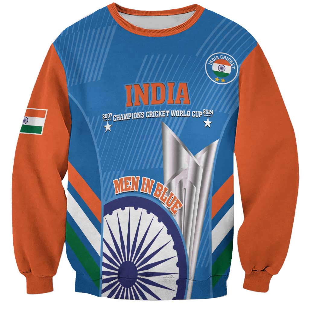 Blue cricket sweatshirt with orange sleeves, India logo and Men in Blue graphic front